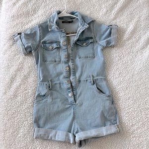 waist sinched denim romper